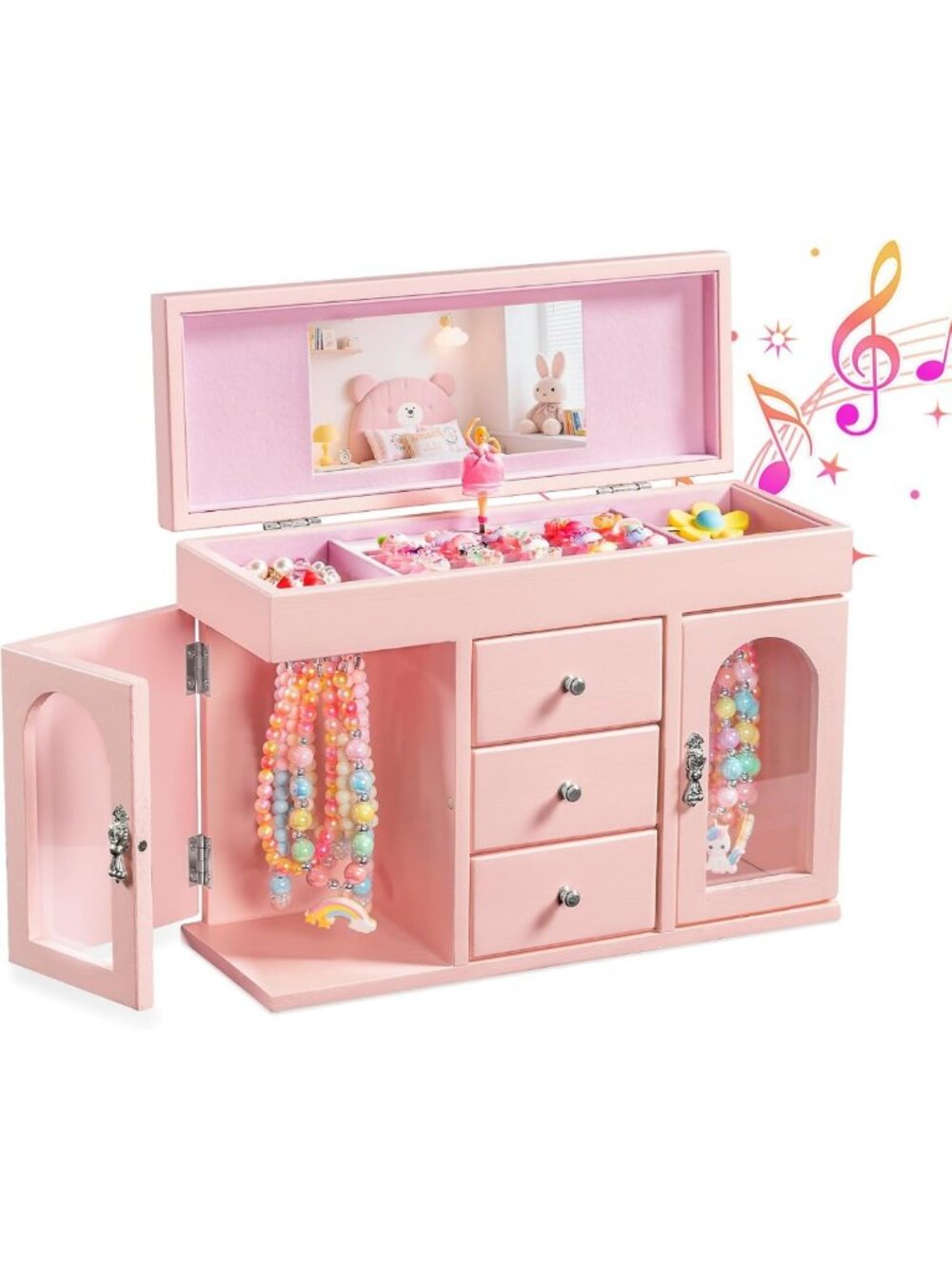 Large Pink Musical Jewelry Box for Girls - 5-Layer Organizer with Ballerina